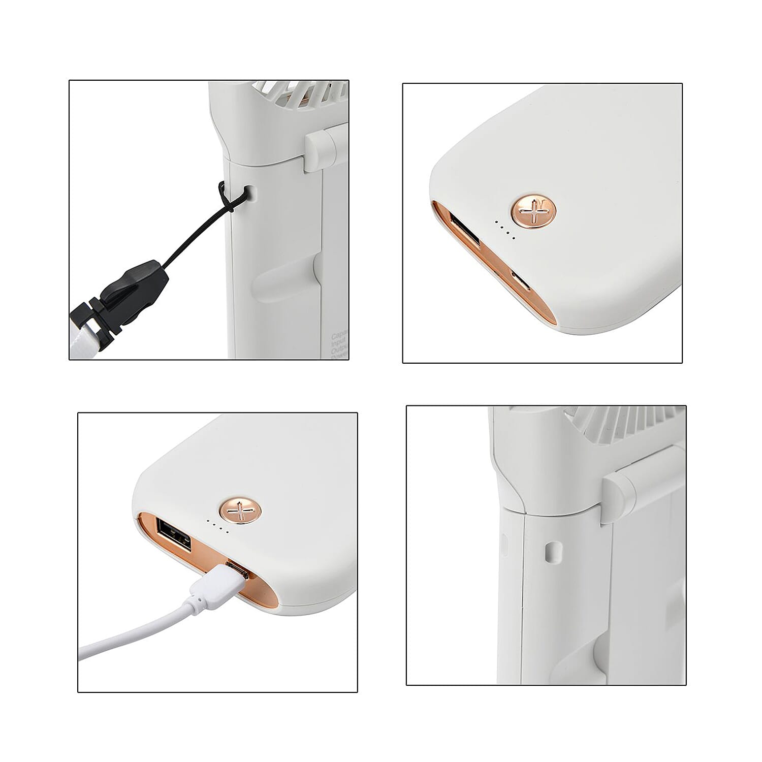 Foldable & Rechargable 3 Speed Fan, Phone Holder, Power Bank with Neck Strap (Works upto 8hrs) - White