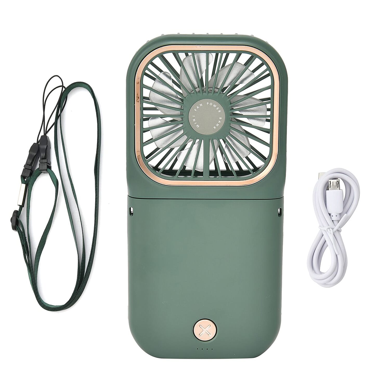 Foldable & Rechargable 3 Speed Fan, Phone Holder, Power Bank with Neck Strap (Works upto 8hrs)- Green