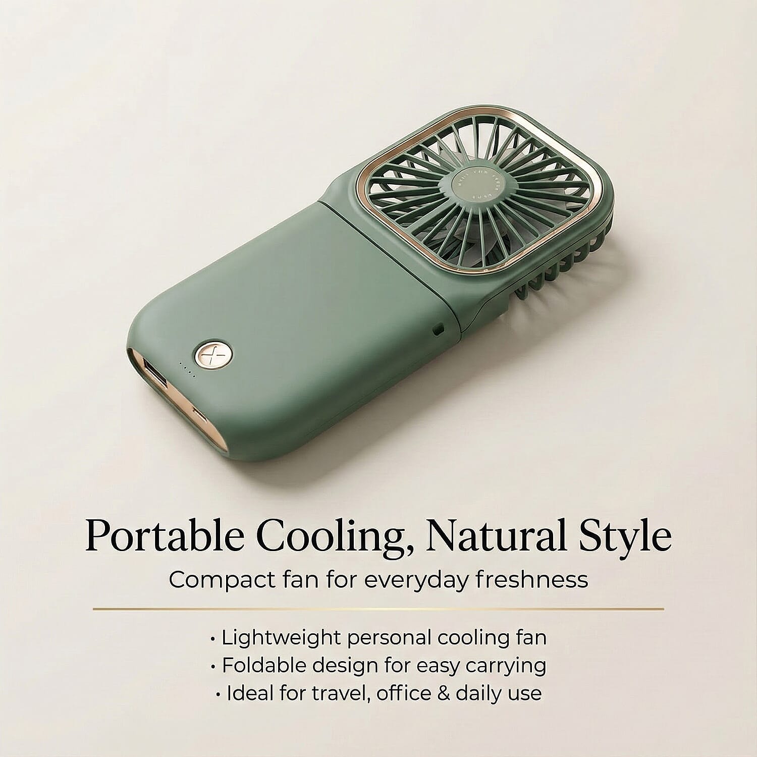 Foldable & Rechargable 3 Speed Fan, Phone Holder, Power Bank with Neck Strap (Works upto 8hrs)- Green