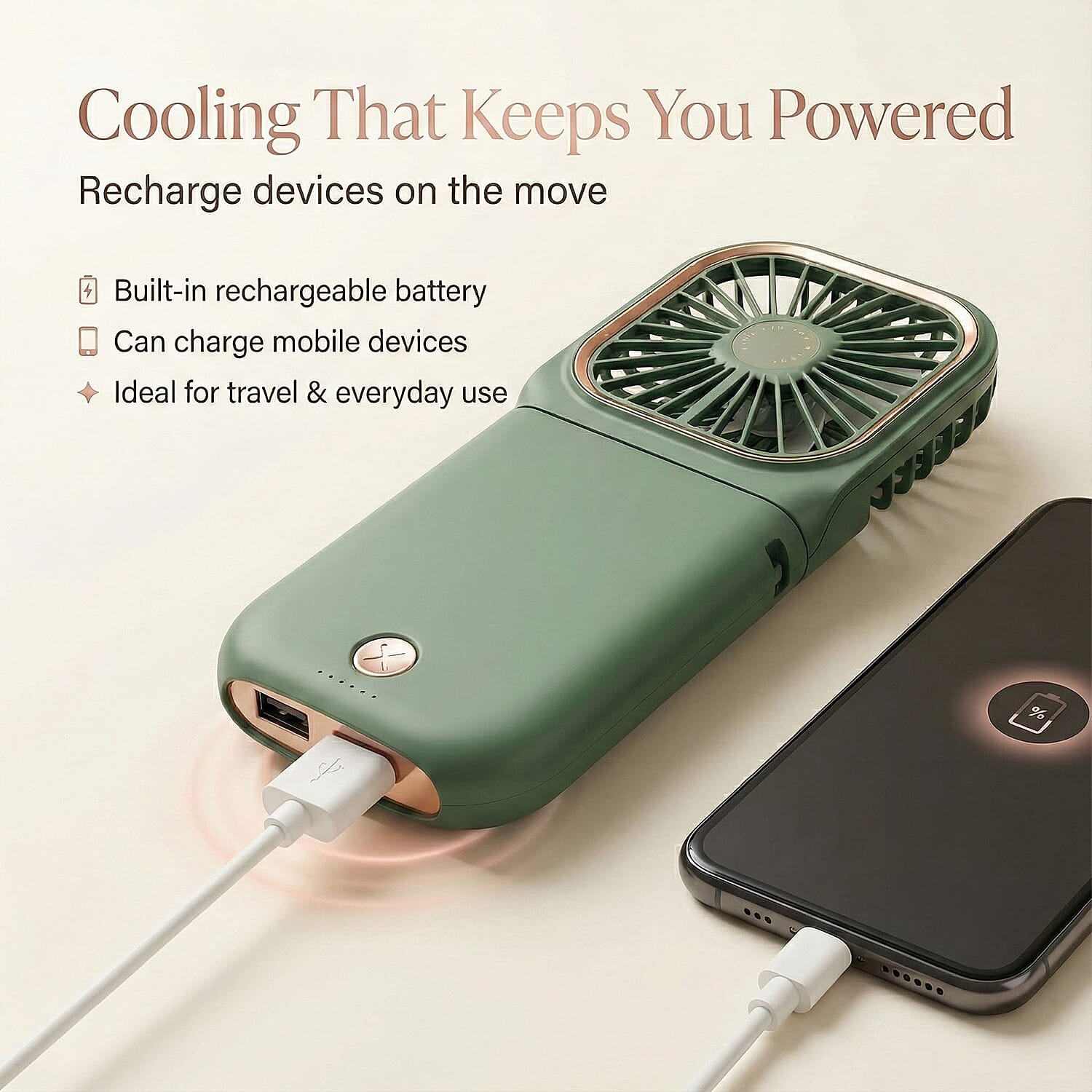 Foldable & Rechargable 3 Speed Fan, Phone Holder, Power Bank with Neck Strap (Works upto 8hrs)- Green