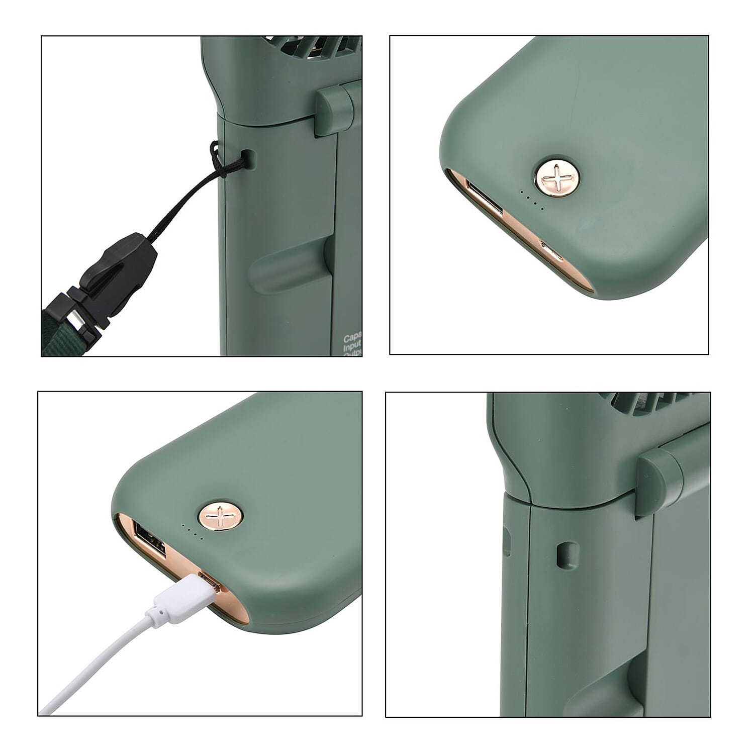 Foldable & Rechargable 3 Speed Fan, Phone Holder, Power Bank with Neck Strap (Works upto 8hrs)- Green