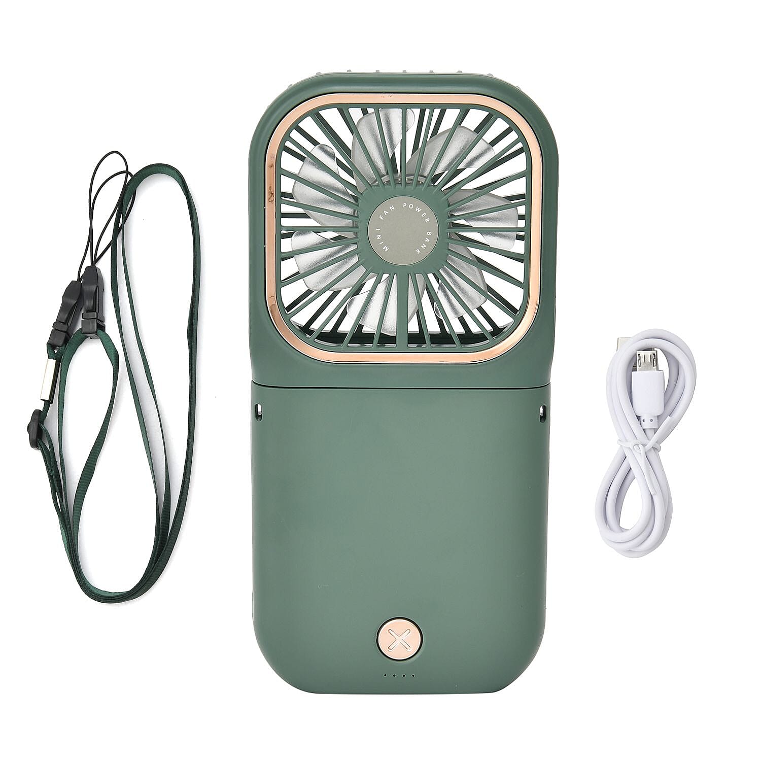 Foldable & Rechargable 3 Speed Fan, Phone Holder, Power Bank with Neck Strap (Works upto 8hrs)- Green