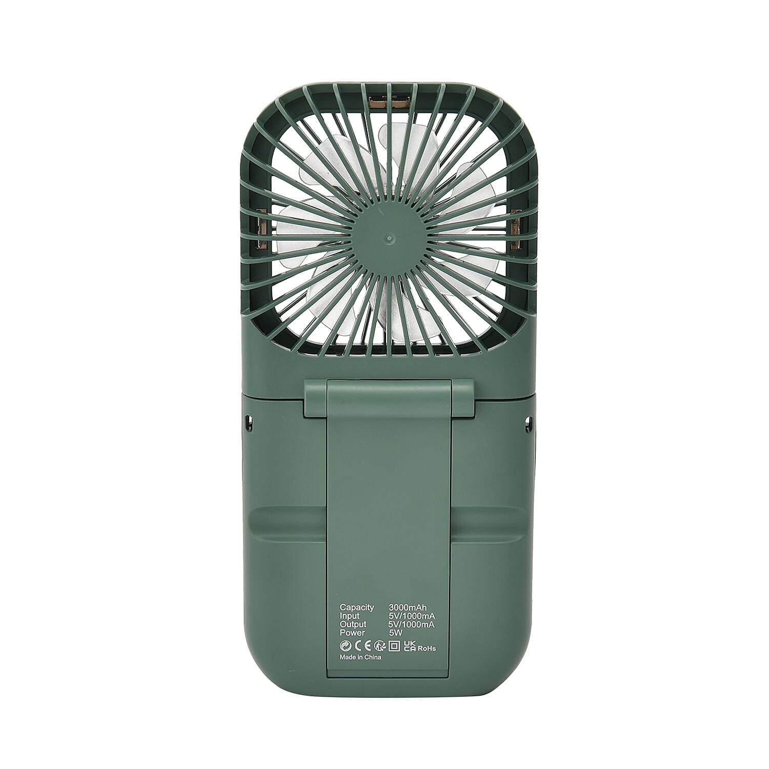 Foldable & Rechargable 3 Speed Fan, Phone Holder, Power Bank with Neck Strap (Works upto 8hrs)- Green