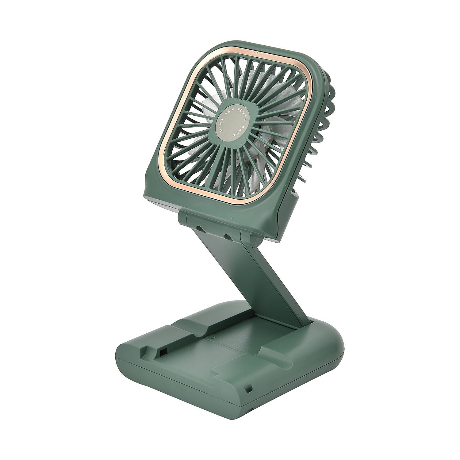 Foldable & Rechargable 3 Speed Fan, Phone Holder, Power Bank with Neck Strap (Works upto 8hrs)- Green
