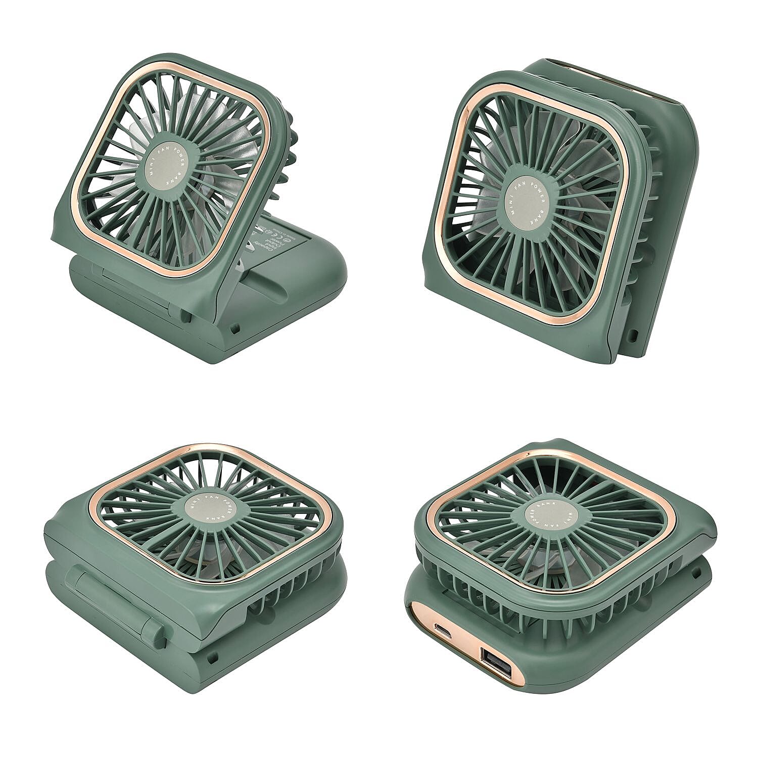 Foldable & Rechargable 3 Speed Fan, Phone Holder, Power Bank with Neck Strap (Works upto 8hrs)- Green