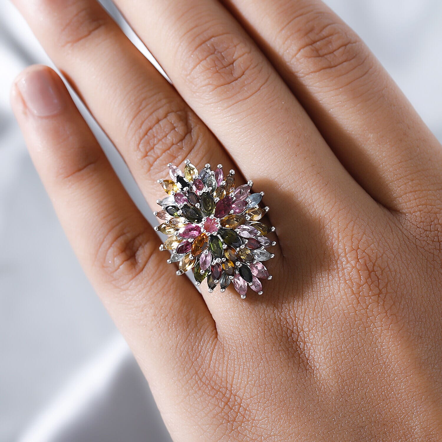 Multi-Tourmaline Cluster Ring in Platinum Overlay Sterling Silver 6.75 ...