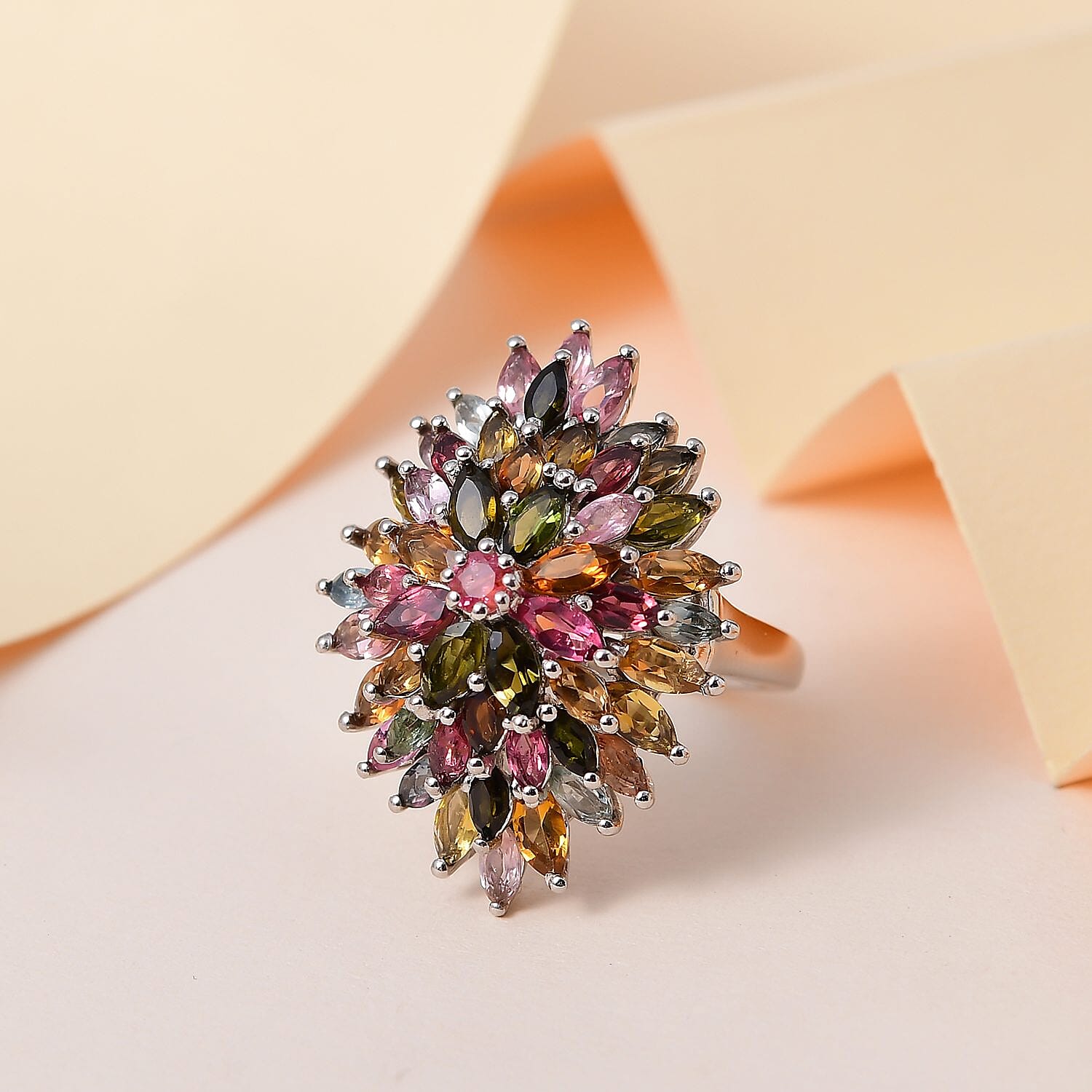 Multi-Tourmaline Cluster Ring in Platinum Overlay Sterling Silver 6.75 ...