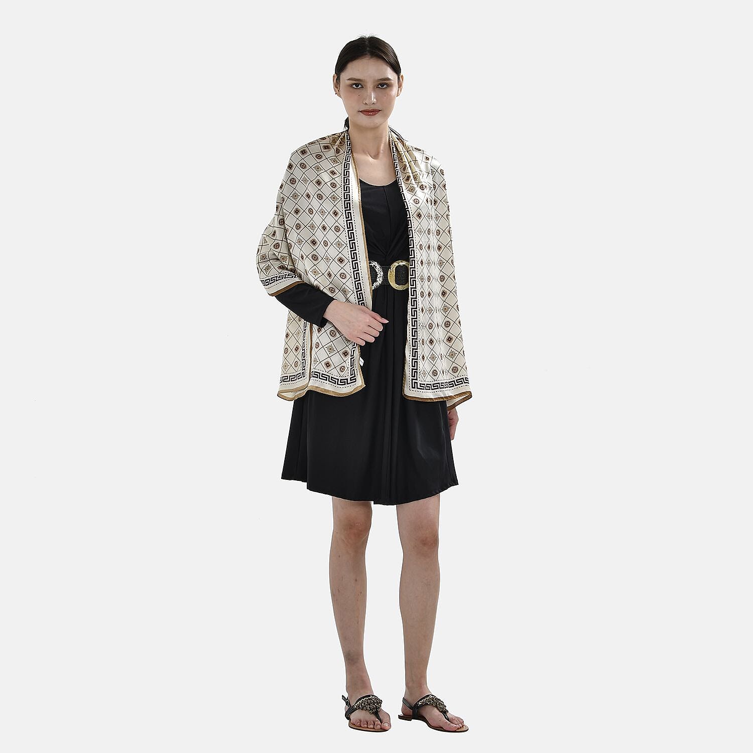 La Marey 100% Silk Greek Key Printed Scarf (Size 170x52 cm) - Champagne & Brown