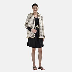 La Marey 100% Silk Greek Key Printed Scarf (Size 170x52 cm) - Champagne & Black