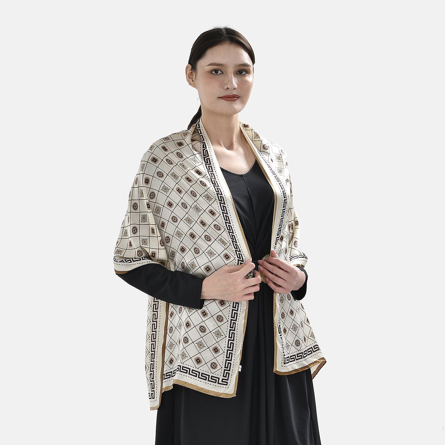 La Marey 100% Silk Greek Key Printed Scarf (Size 170x52 cm) - Champagne & Brown