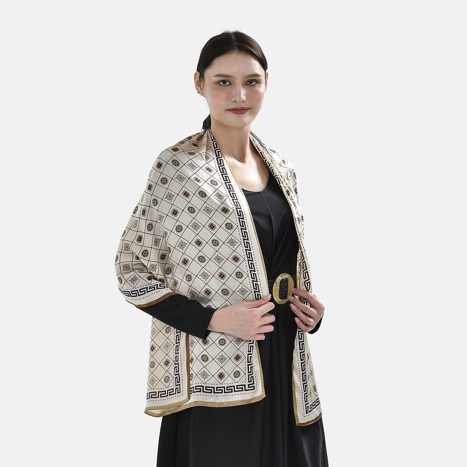 La Marey 100% Silk Greek Key Printed Scarf (Size 170x52 cm) - Champagne & Brown