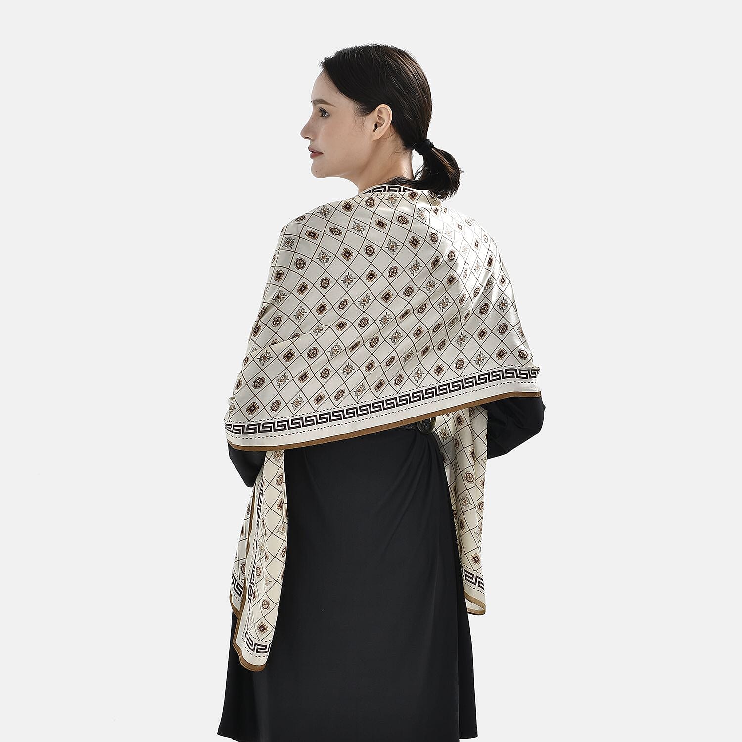 La Marey 100% Silk Greek Key Printed Scarf (Size 170x52 cm) - Champagne & Brown