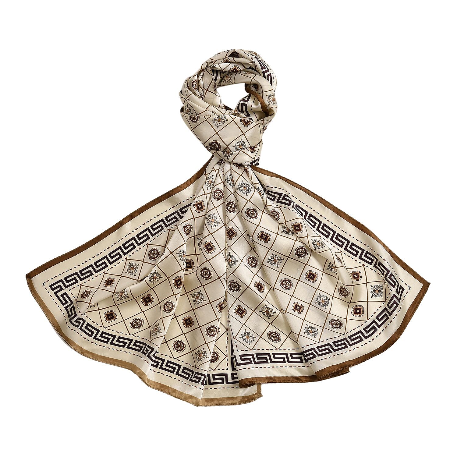 La Marey 100% Silk Greek Key Printed Scarf (Size 170x52 cm) - Champagne & Brown