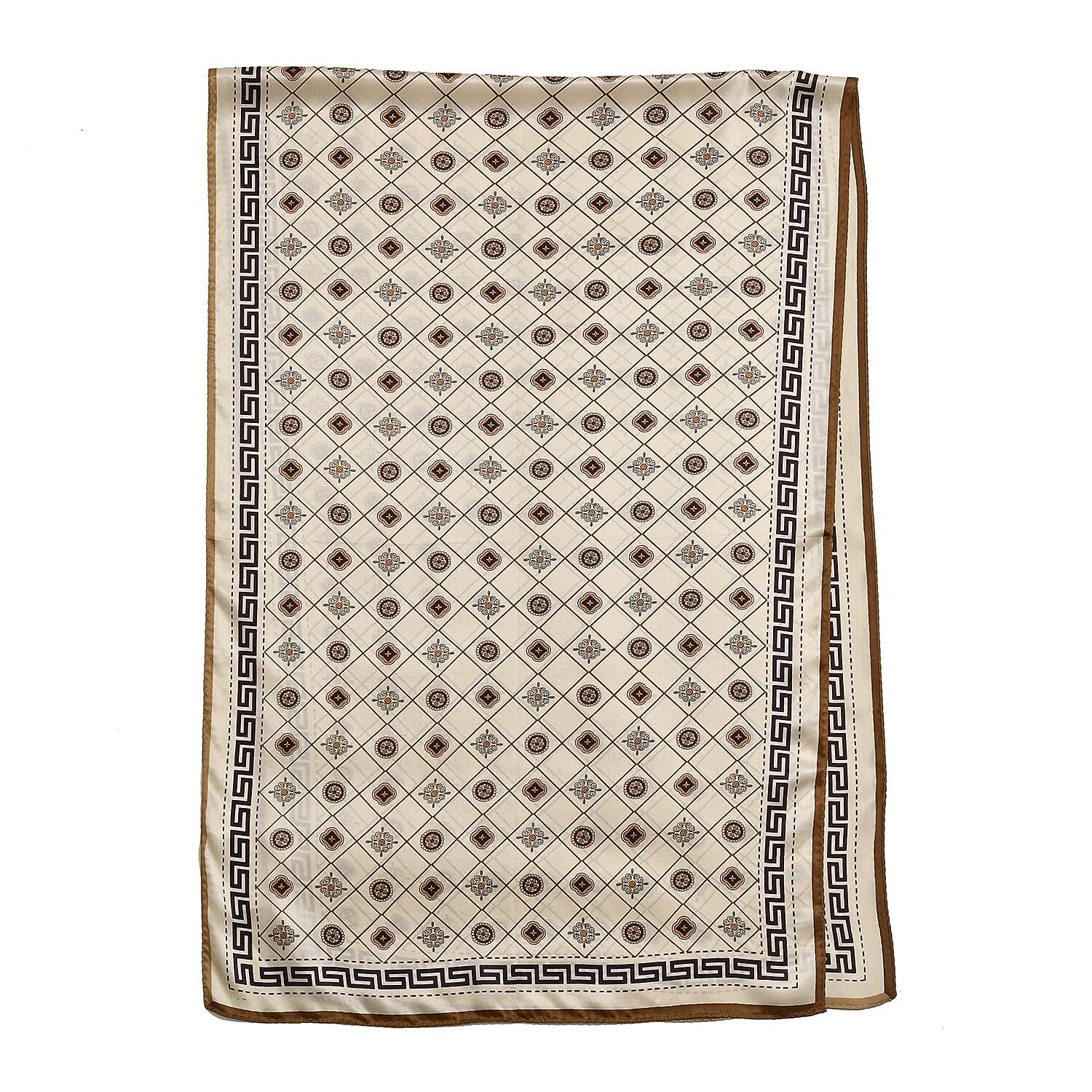 La Marey 100% Silk Greek Key Printed Scarf (Size 170x52 cm) - Champagne & Brown