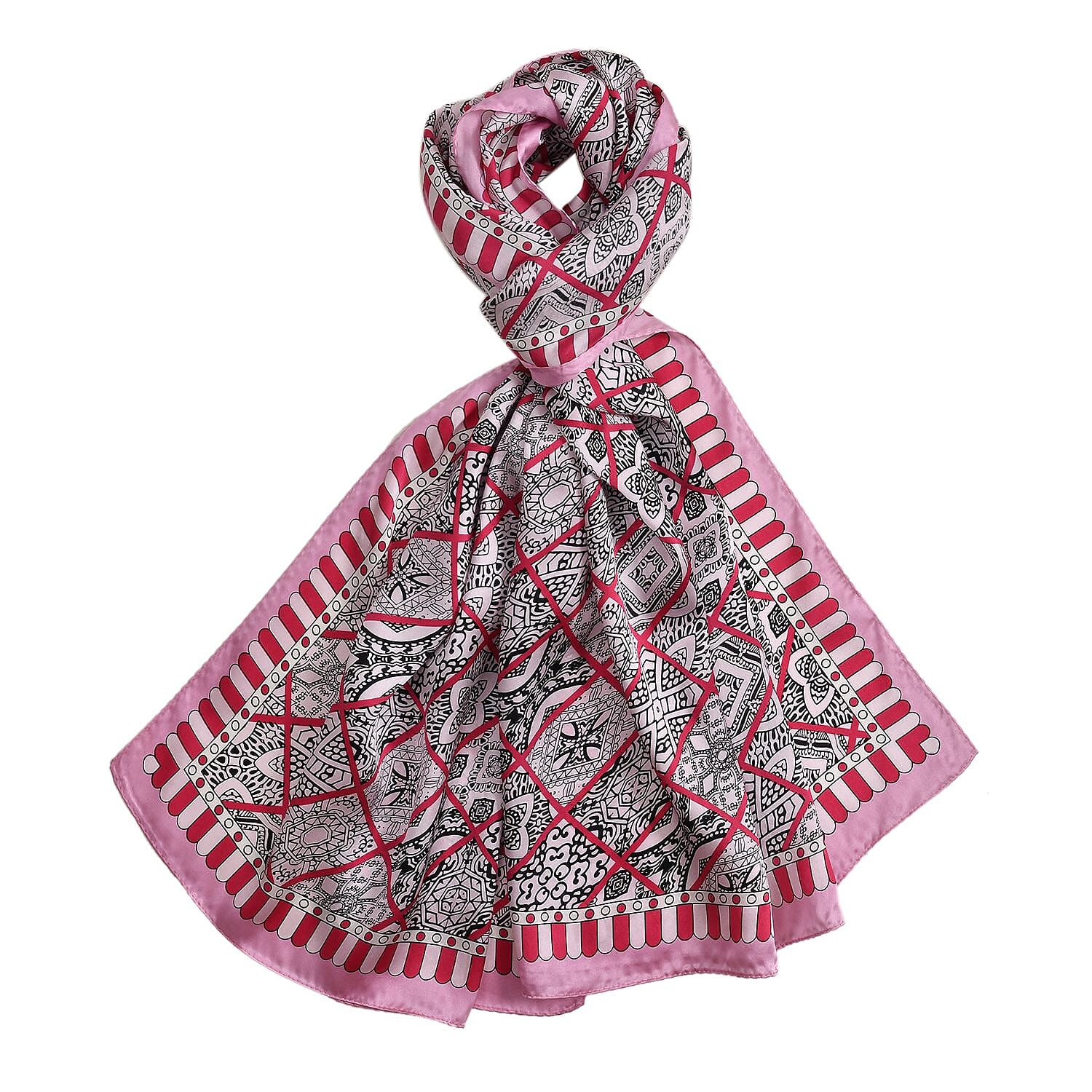 La Marey 100% Silk Artisan Printed Scarf (Size 170x52 cm) - Pink