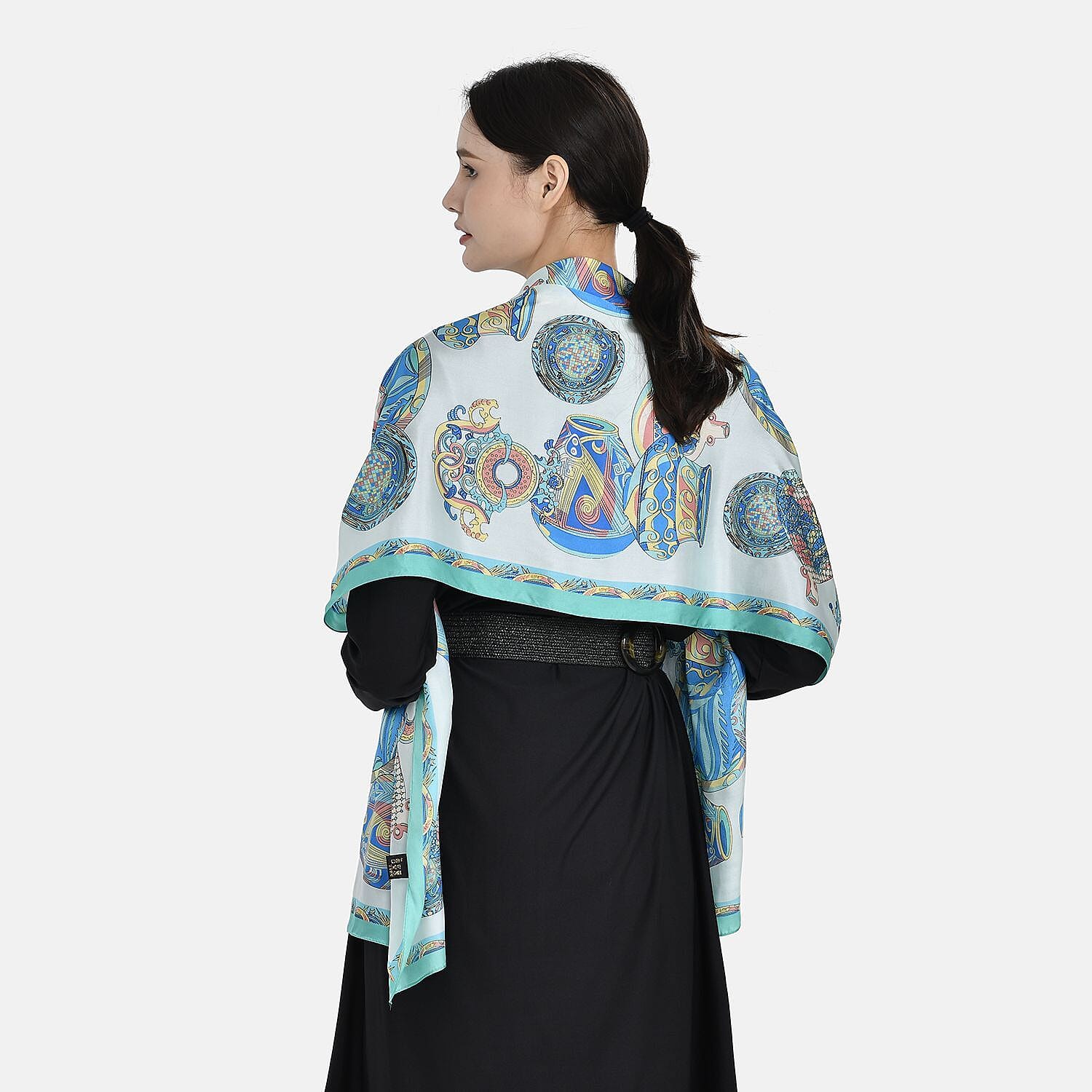 La Marey 100% Silk Vase Design Printed Scarf (Size 170x52 cm) - Green & Blue