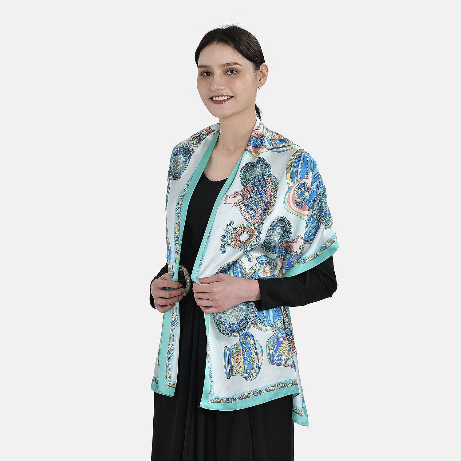 La Marey 100% Silk Vase Design Printed Scarf (Size 170x52 cm) - Green & Blue