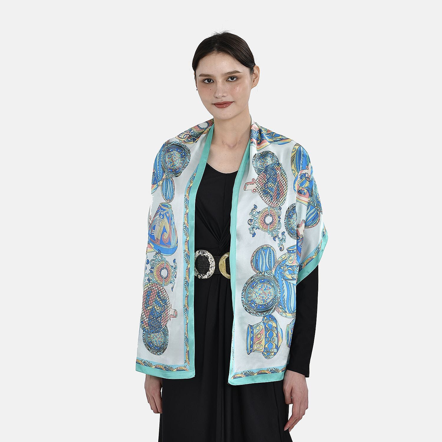 La Marey 100% Silk Vase Design Printed Scarf (Size 170x52 cm) - Green & Blue