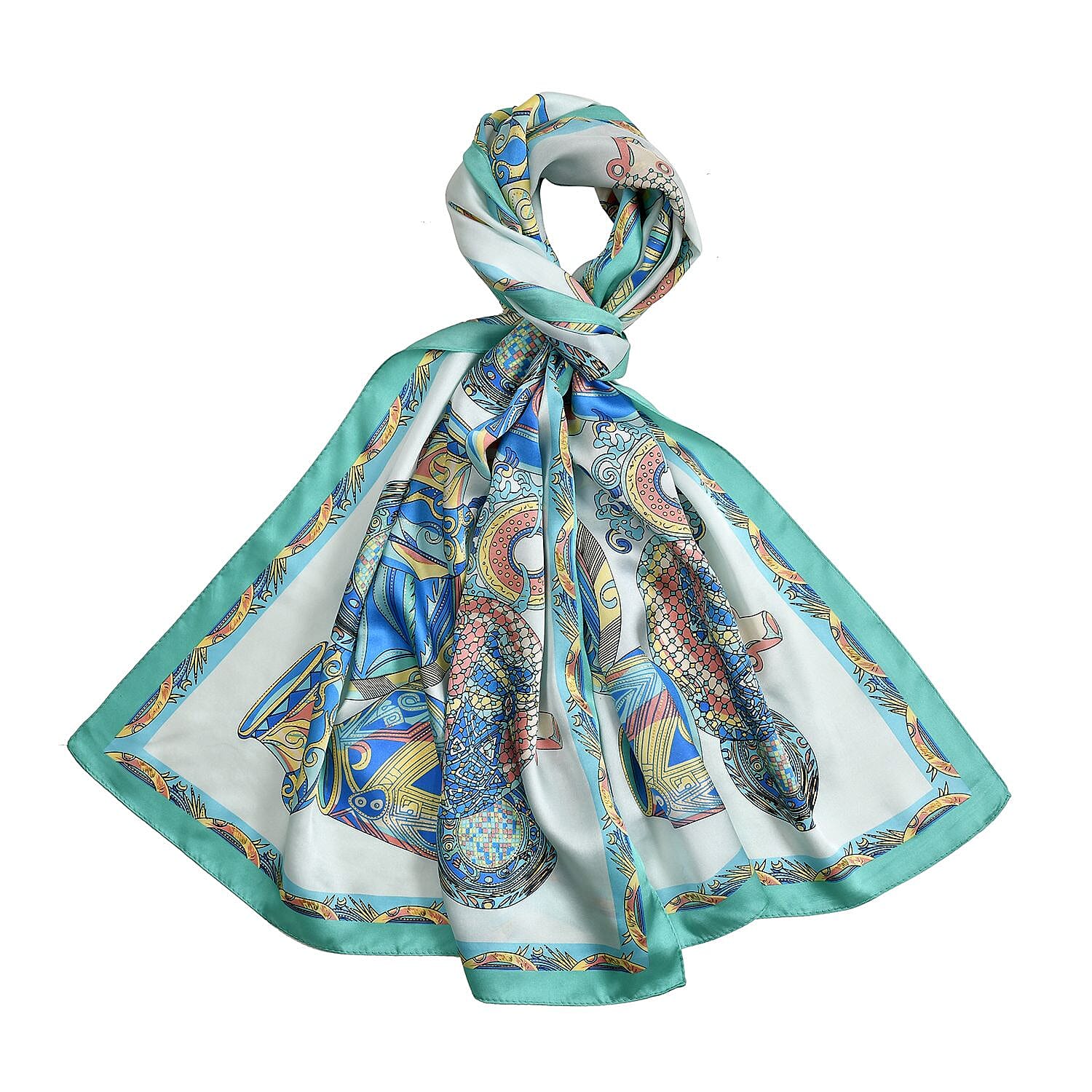 La Marey 100% Silk Vase Design Printed Scarf (Size 170x52 cm) - Green & Blue