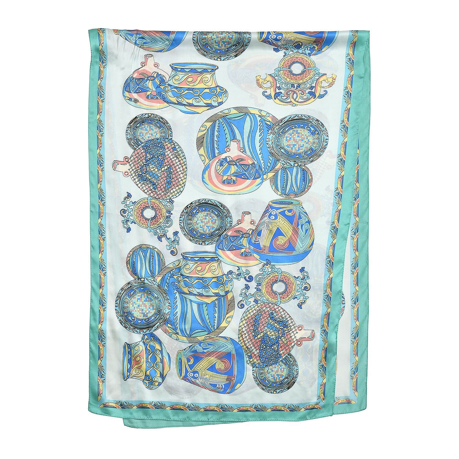 La Marey 100% Silk Vase Design Printed Scarf (Size 170x52 cm) - Green & Blue