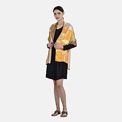 La Marey 100% Silk Italian Design Printed Scarf (Size 170x52 cm) - Brown & Yellow