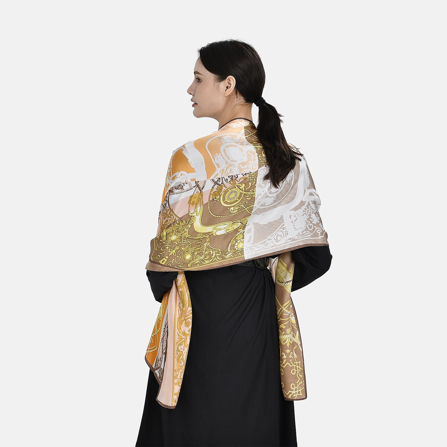 La Marey 100% Silk Italian Design Printed Scarf (Size 170x52 cm) - Brown & Yellow