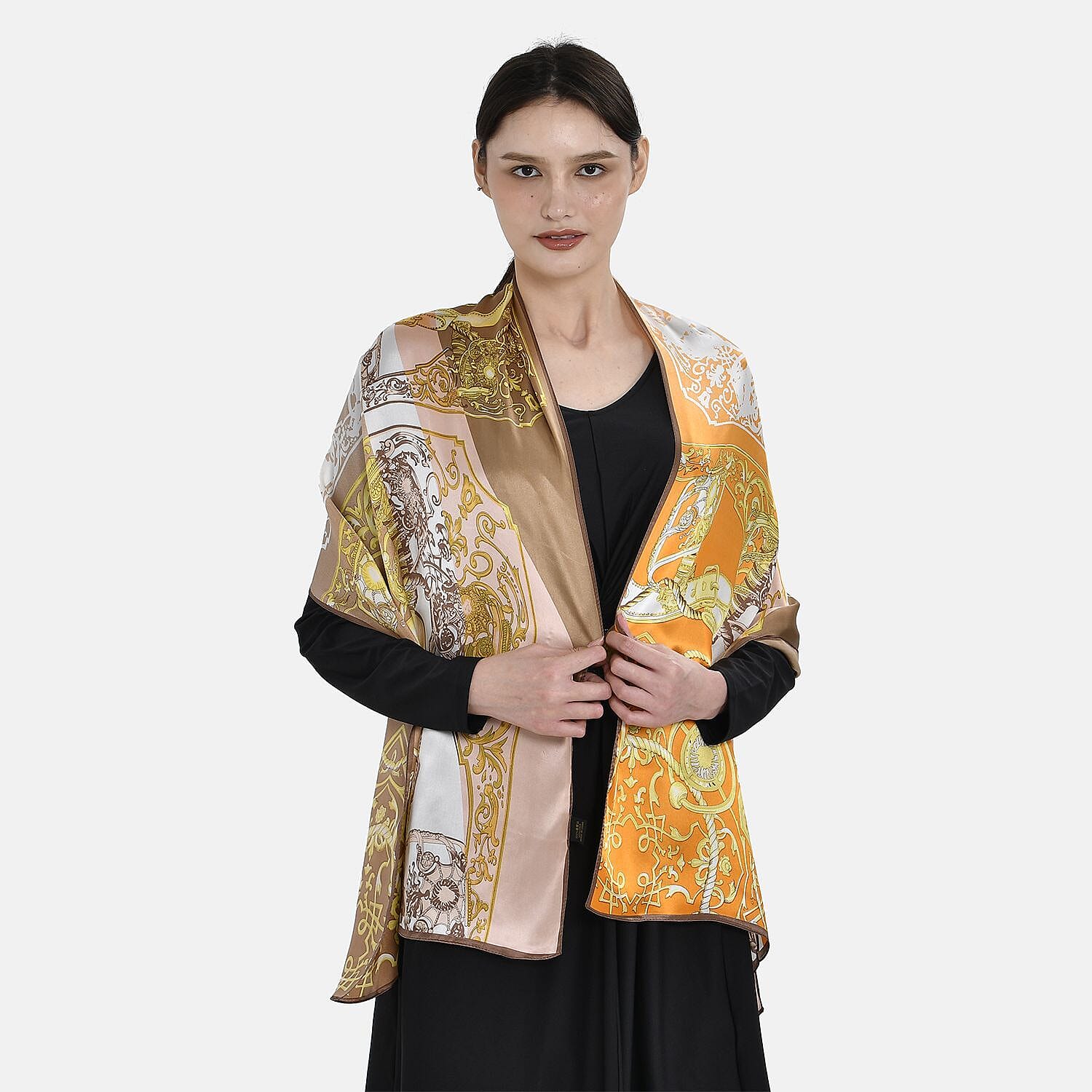 La Marey 100% Silk Italian Design Printed Scarf (Size 170x52 cm) - Brown & Yellow