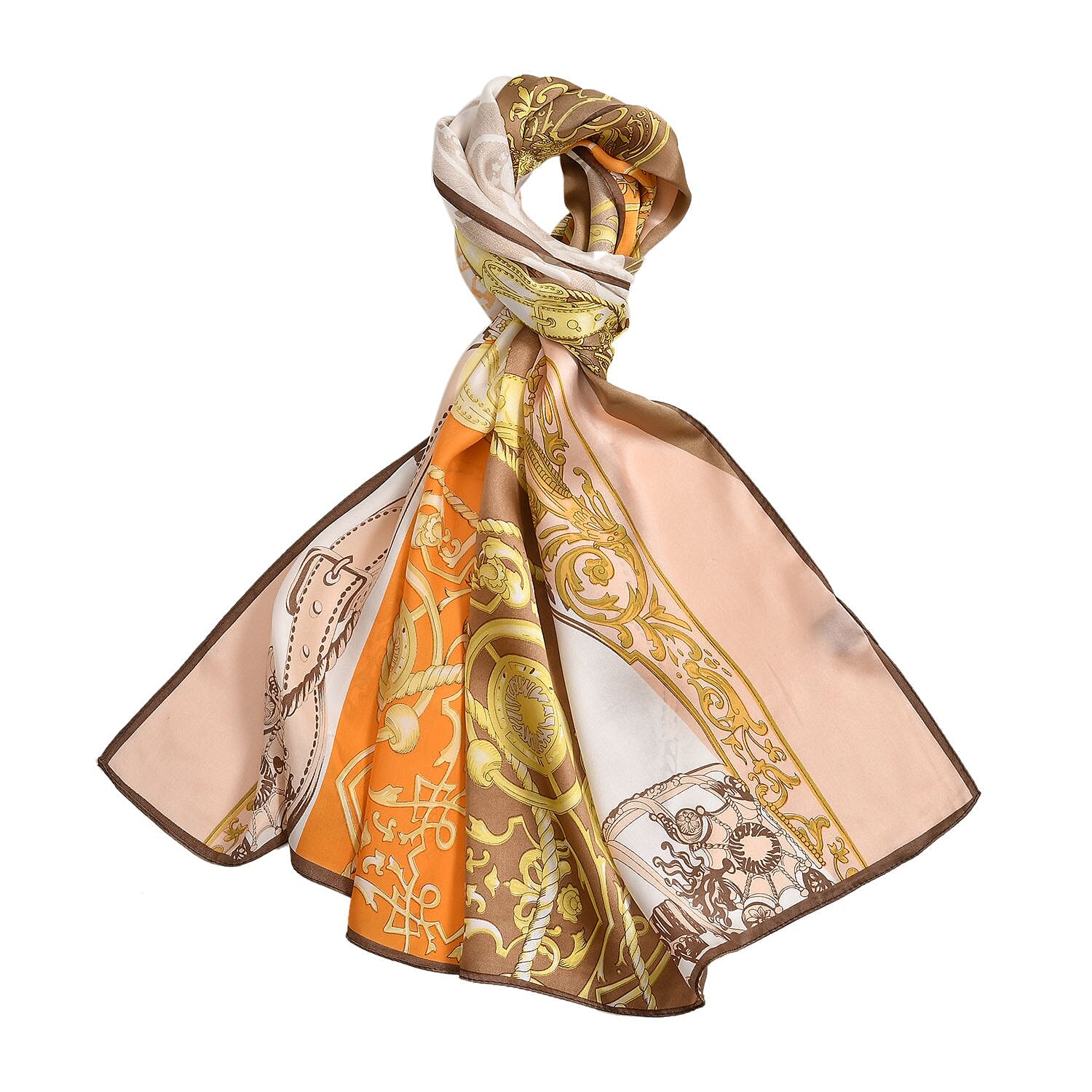 La Marey 100% Silk Italian Design Printed Scarf (Size 170x52 cm) - Brown & Yellow