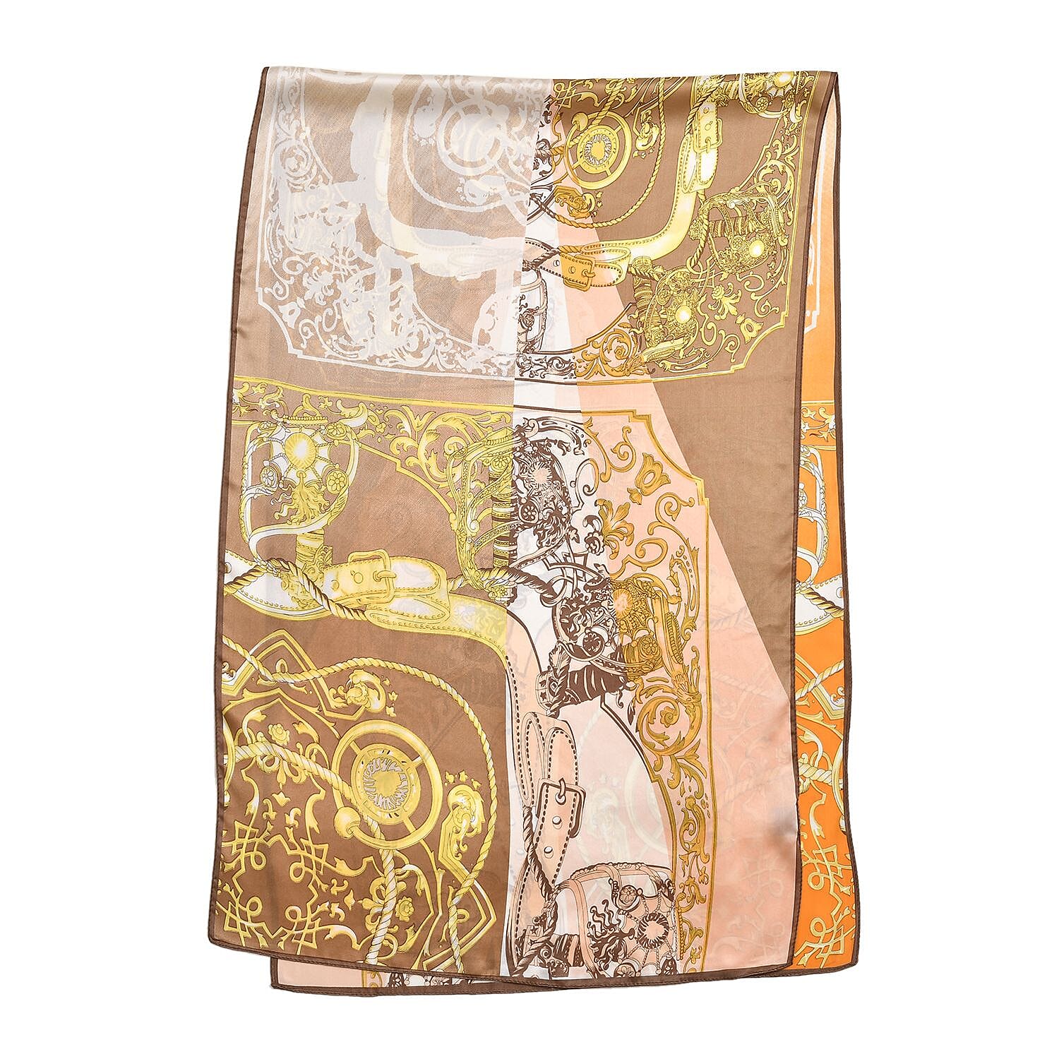 La Marey 100% Silk Italian Design Printed Scarf (Size 170x52 cm) - Brown & Yellow