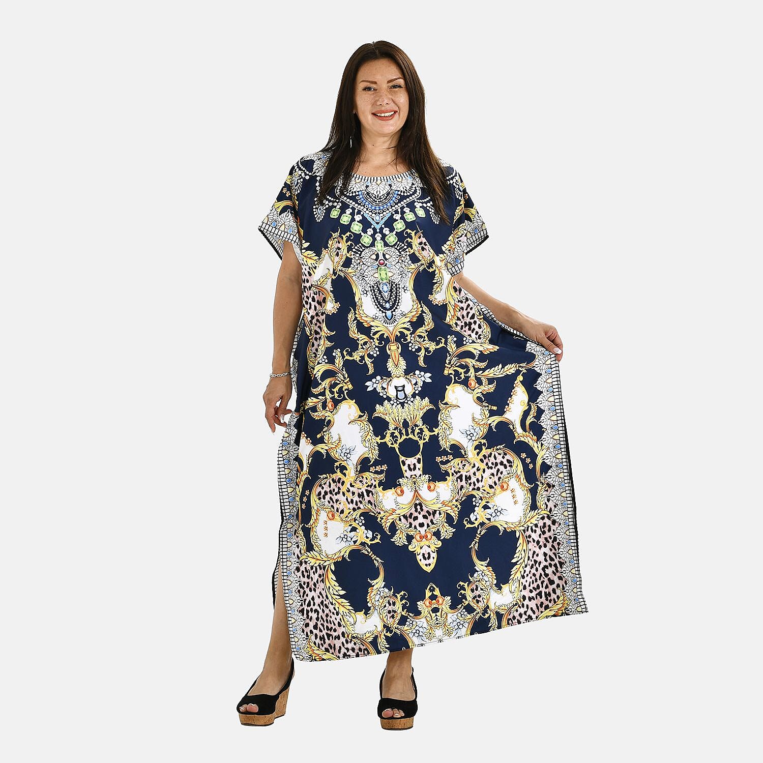 Close Out Printed Kaftan Dress (One Size up to 22) - Navy Blue