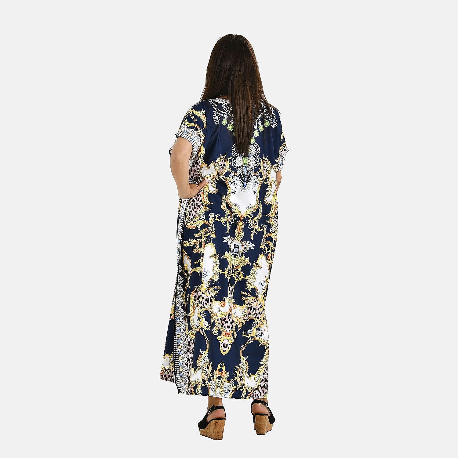 Close Out Printed Kaftan Dress (One Size up to 22) - Navy Blue