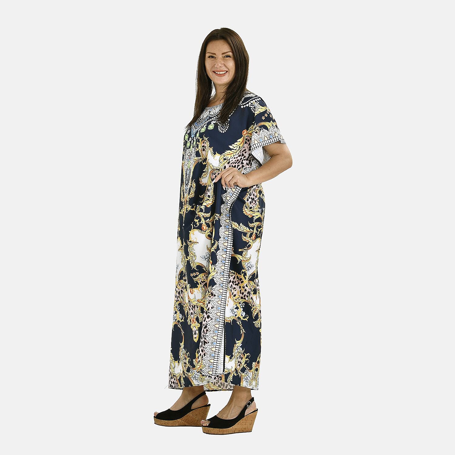 Close Out Printed Kaftan Dress (One Size up to 22) - Navy Blue