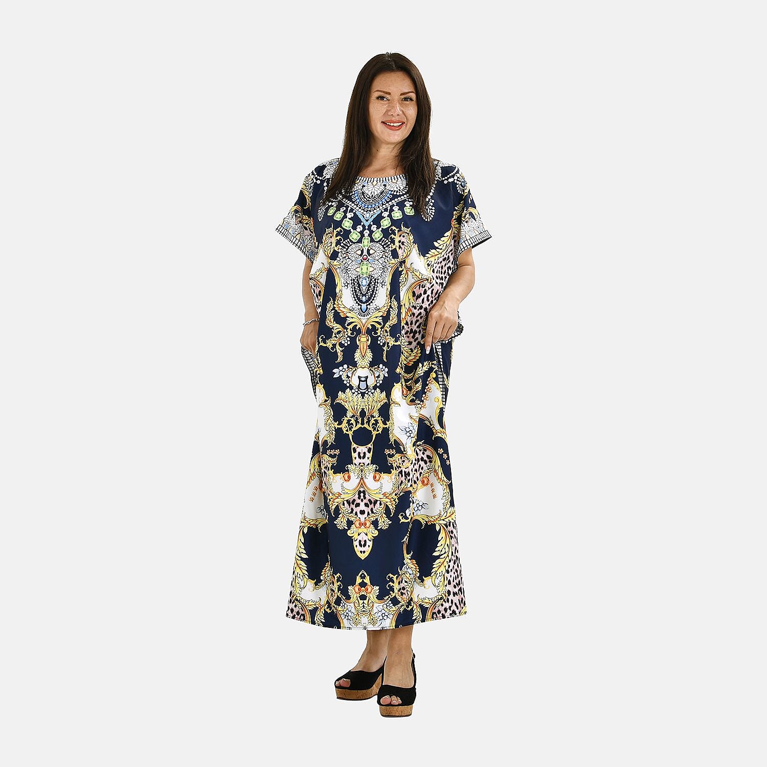 Close Out Printed Kaftan Dress (One Size up to 22) - Navy Blue