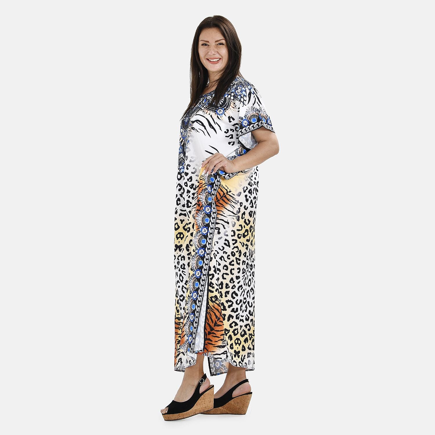 Close Out Printed Kaftan Dress (One Size up to 18) - White