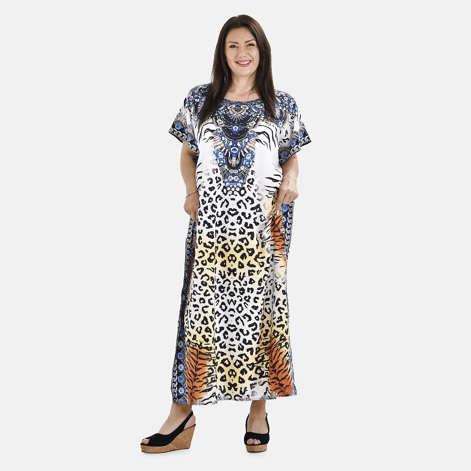Close Out Printed Kaftan Dress (One Size up to 18) - White