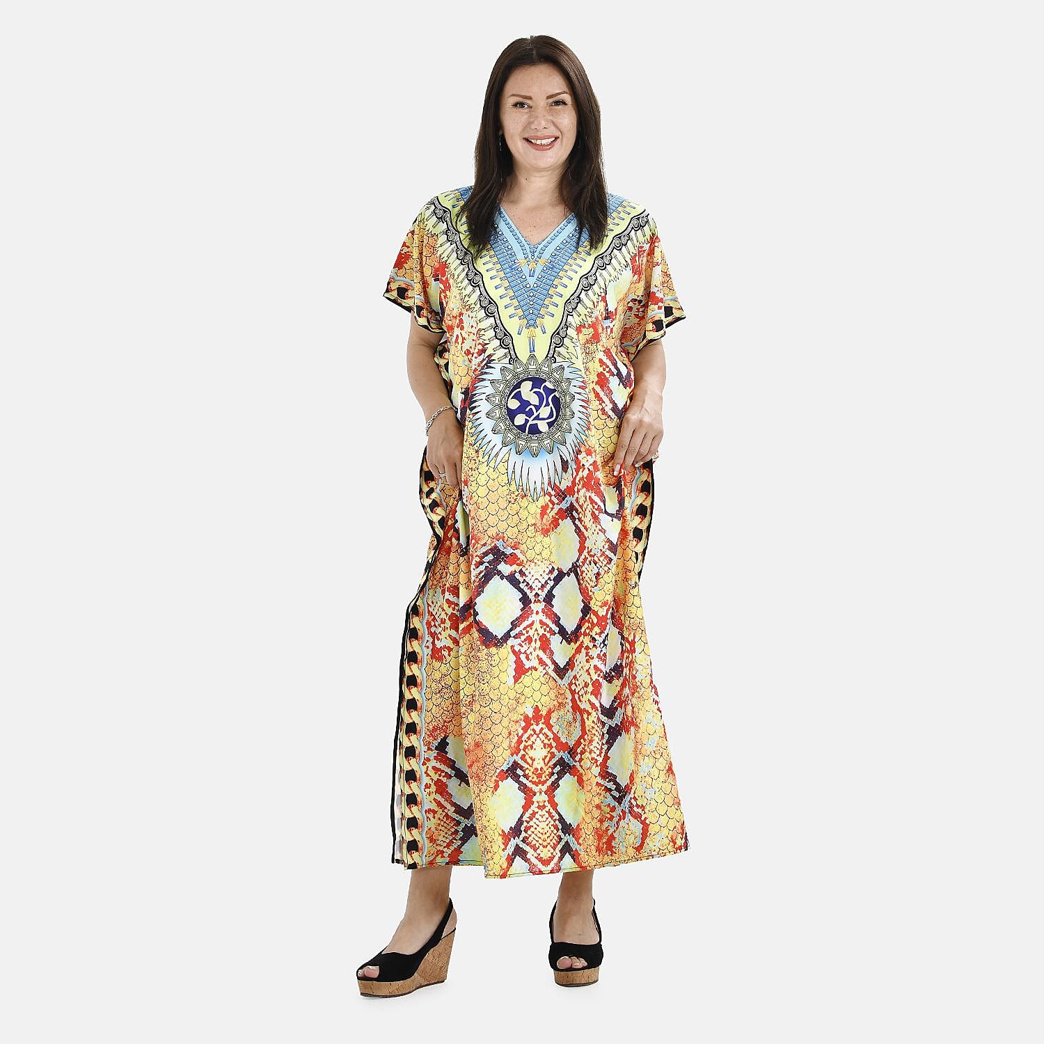 Close Out Summer Printed Kaftan Dress (One Size up to 18) - Yellow