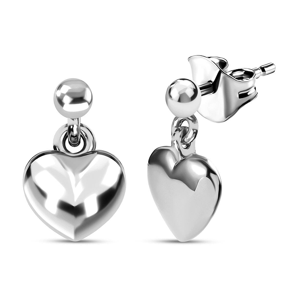 Platinum Overlay Sterling Silver Heart Dangle Earrings (with Push Back)