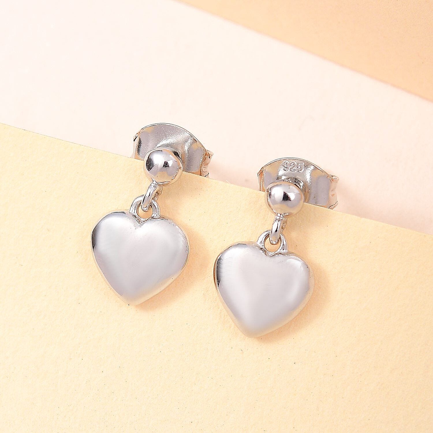 Platinum Overlay Sterling Silver Heart Dangle Earrings (with Push Back)