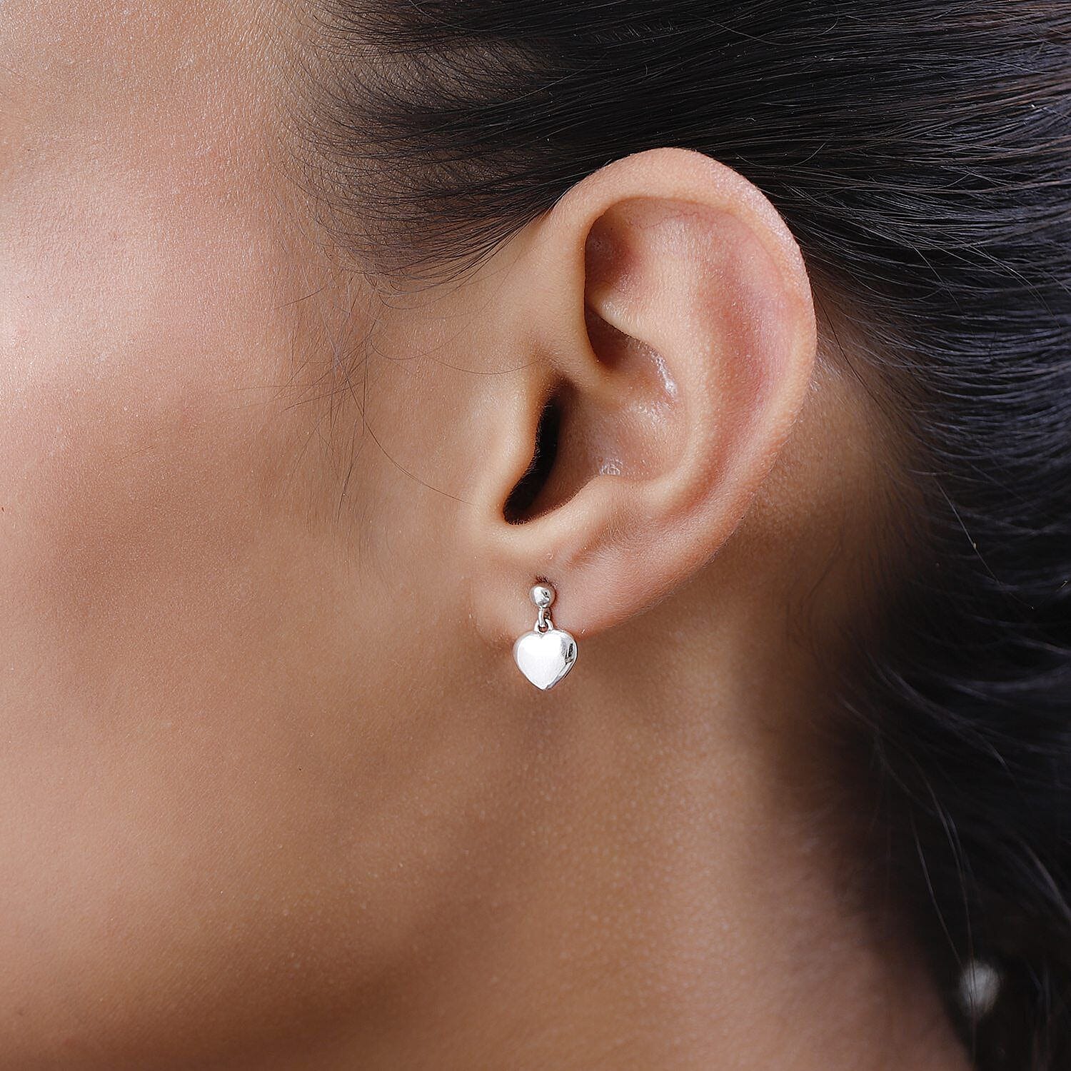 Platinum Overlay Sterling Silver Heart Dangle Earrings (with Push Back)