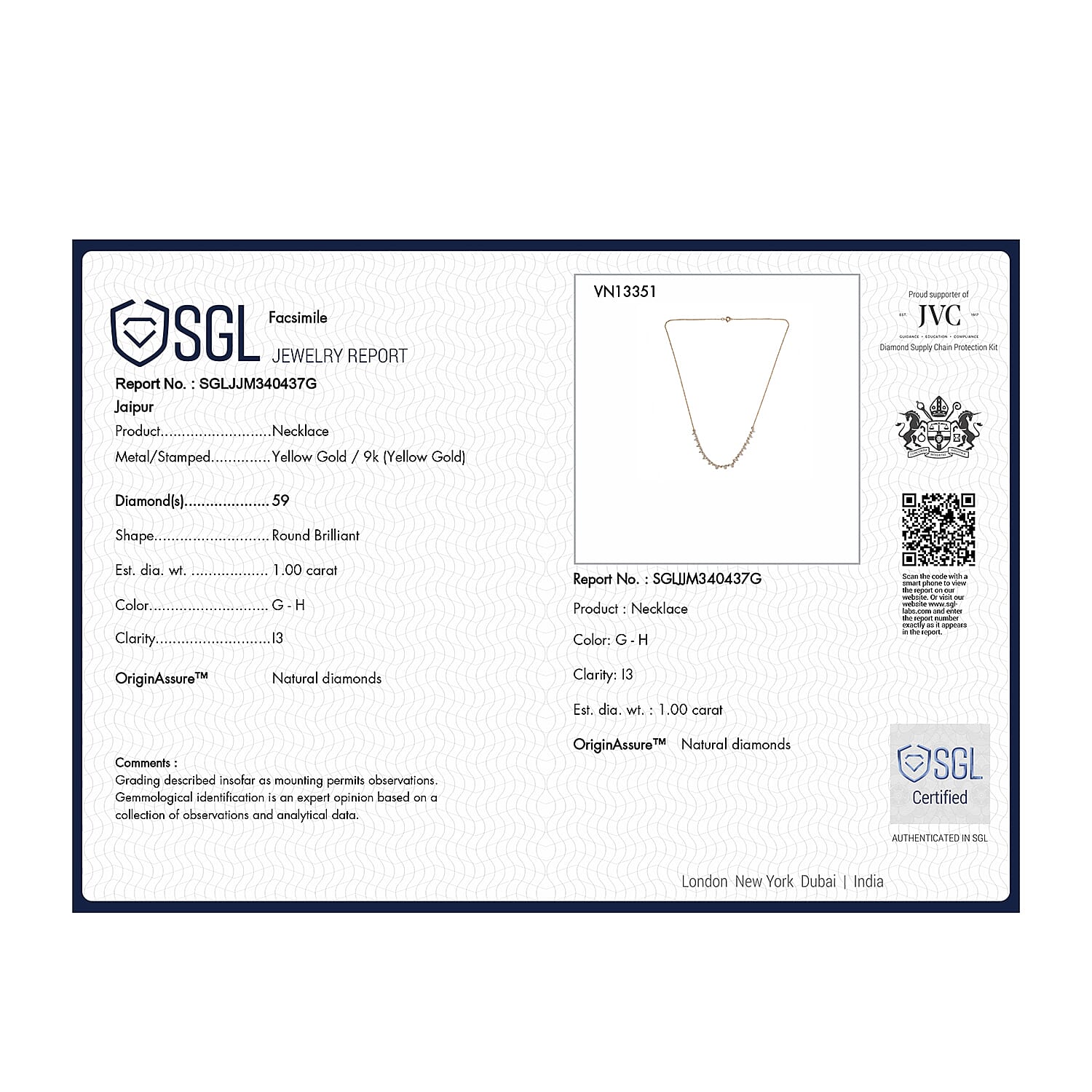 9K Yellow Gold Diamond Necklace (Size - 18) 1 Ct.