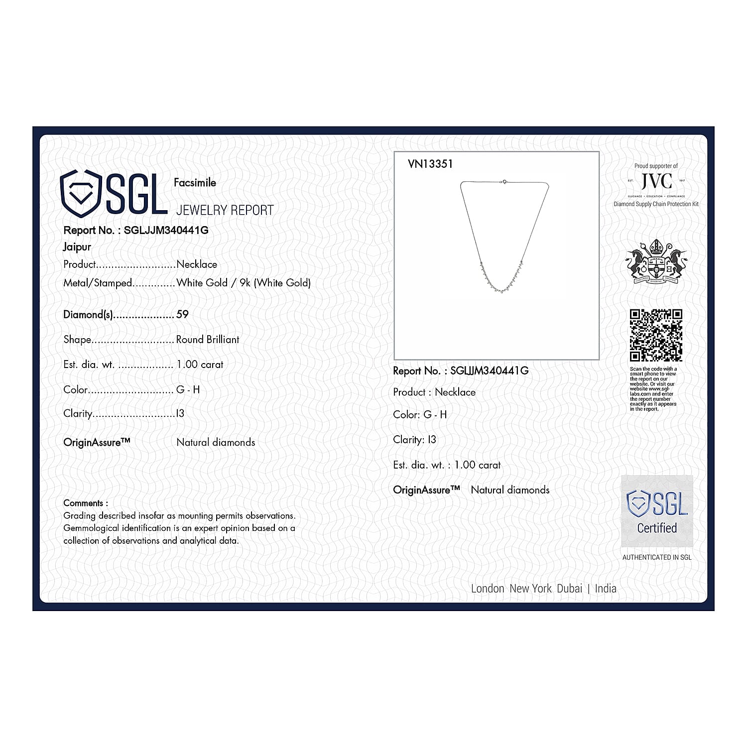 9K White Gold Diamond Necklace (Size - 18) 1 Ct