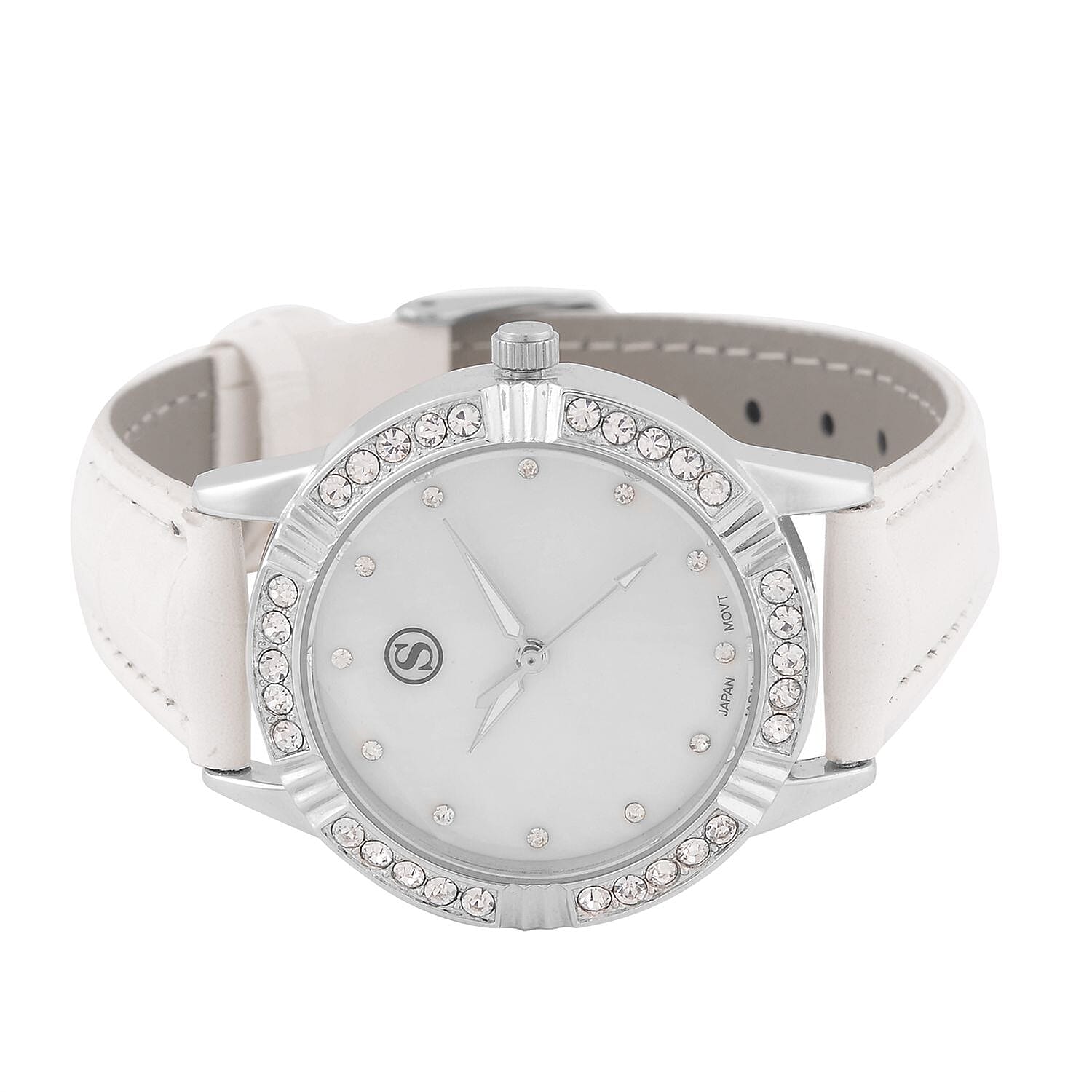 STRADA Japanese Movement Crystal Studed Water Resistant Stainless Steel Watch with White Strap