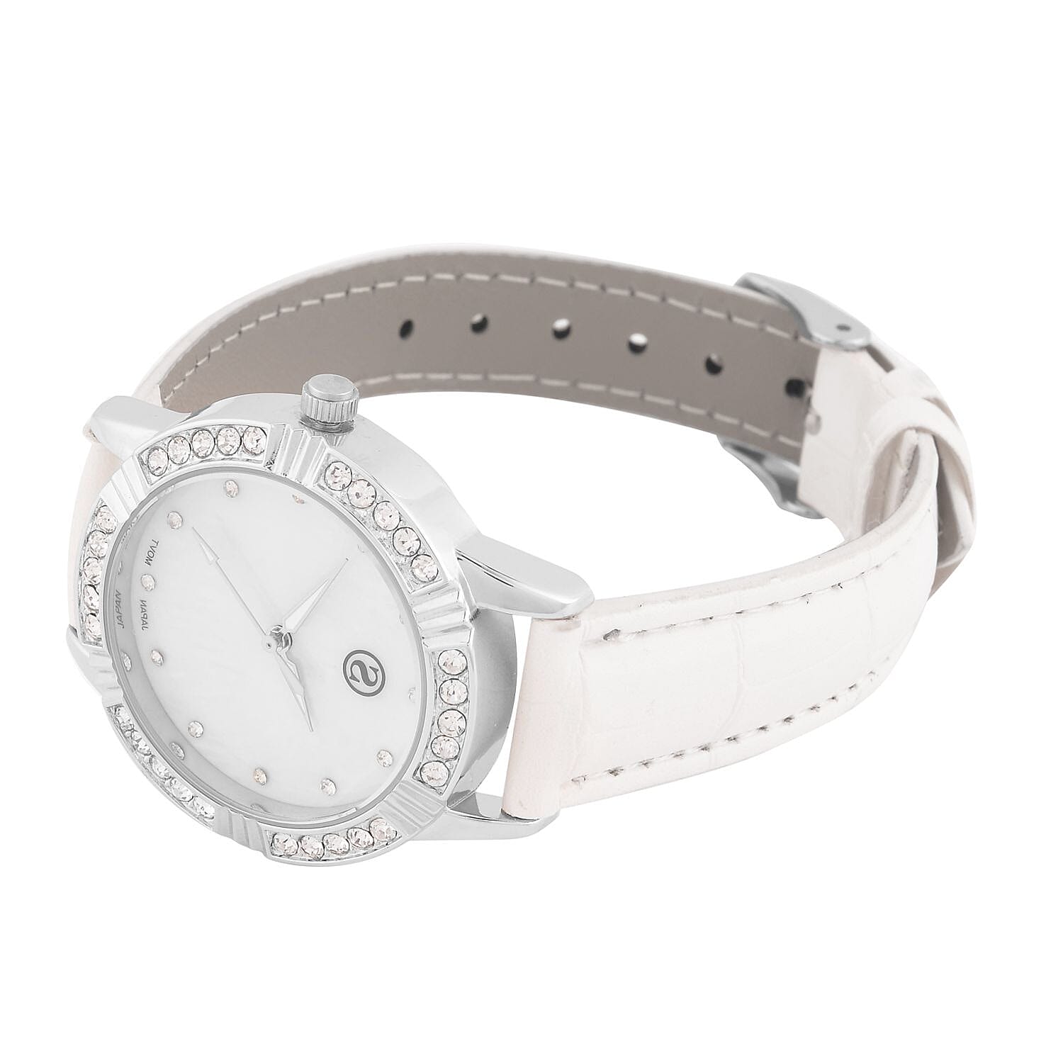 STRADA Japanese Movement Crystal Studed Water Resistant Stainless Steel Watch with White Strap