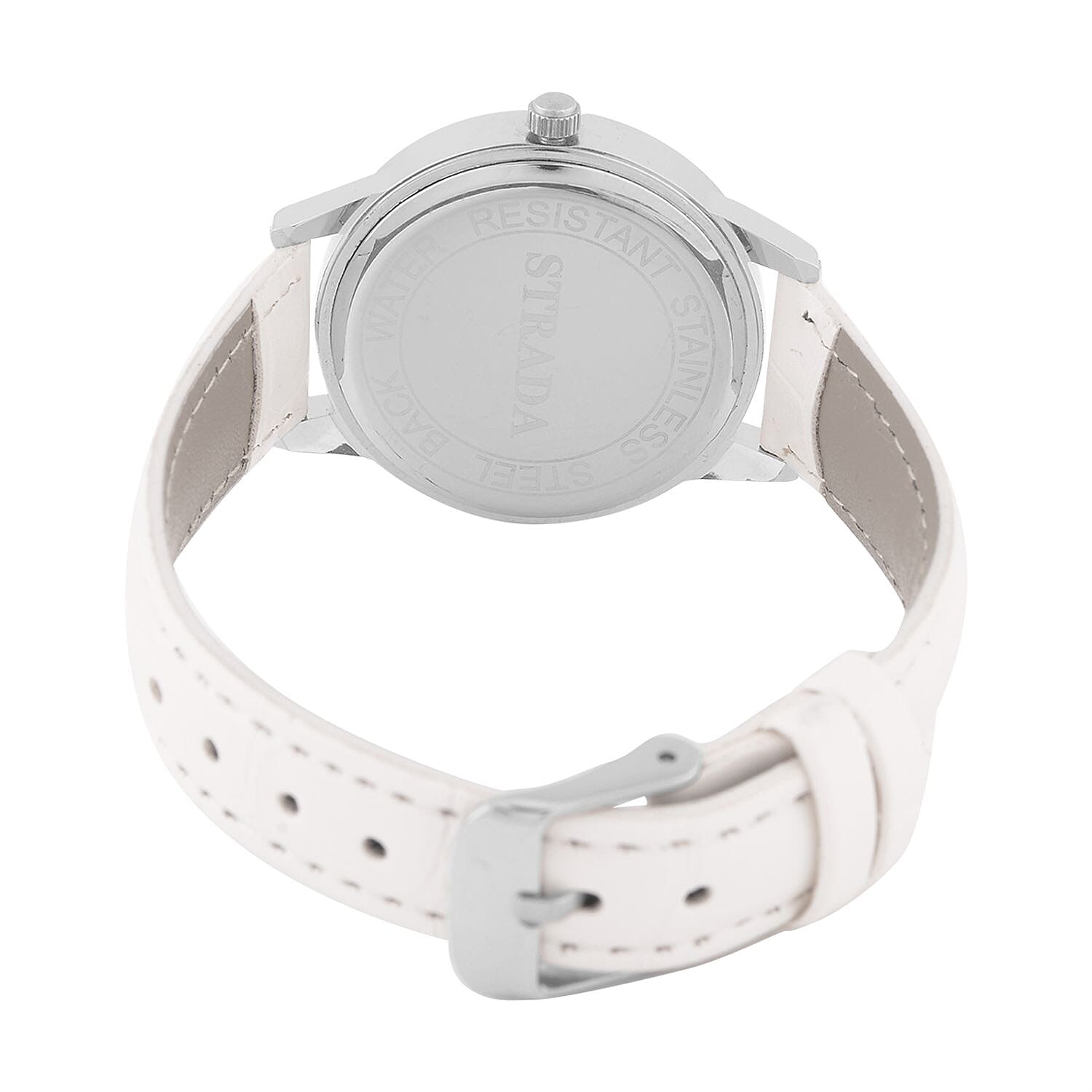 STRADA Japanese Movement Crystal Studed Water Resistant Stainless Steel Watch with White Strap