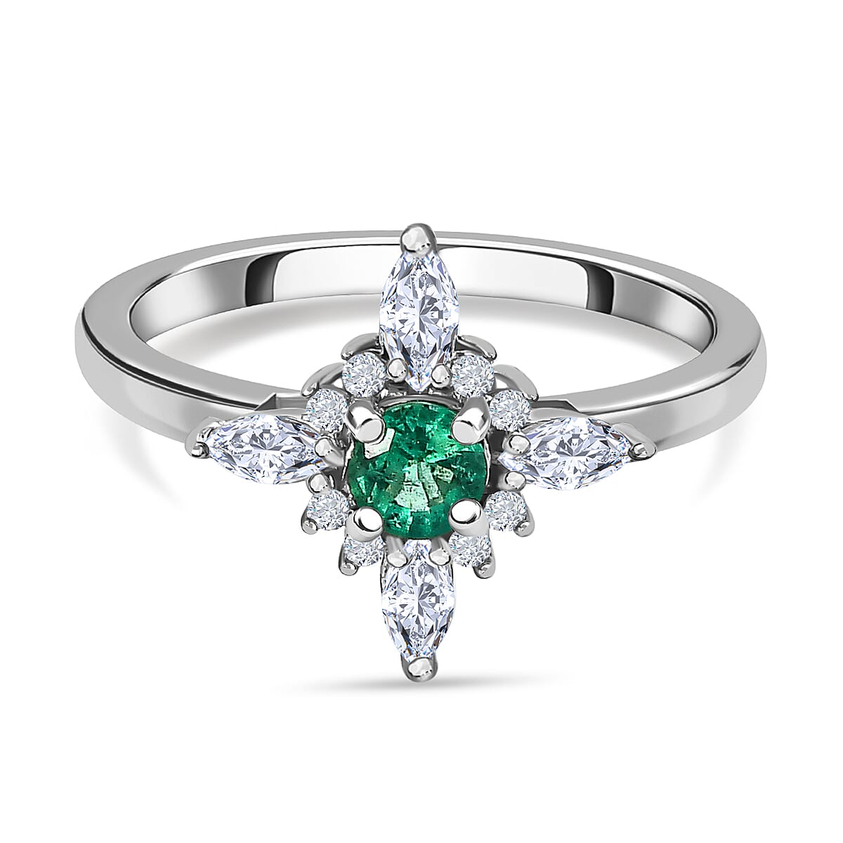 Emerald & Moissanite Ring in Platinum Overlay Sterling Silver
