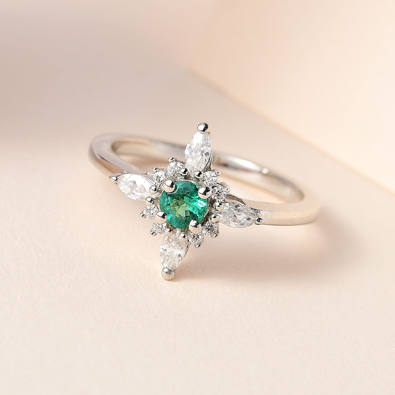 Emerald & Moissanite Ring in Platinum Overlay Sterling Silver
