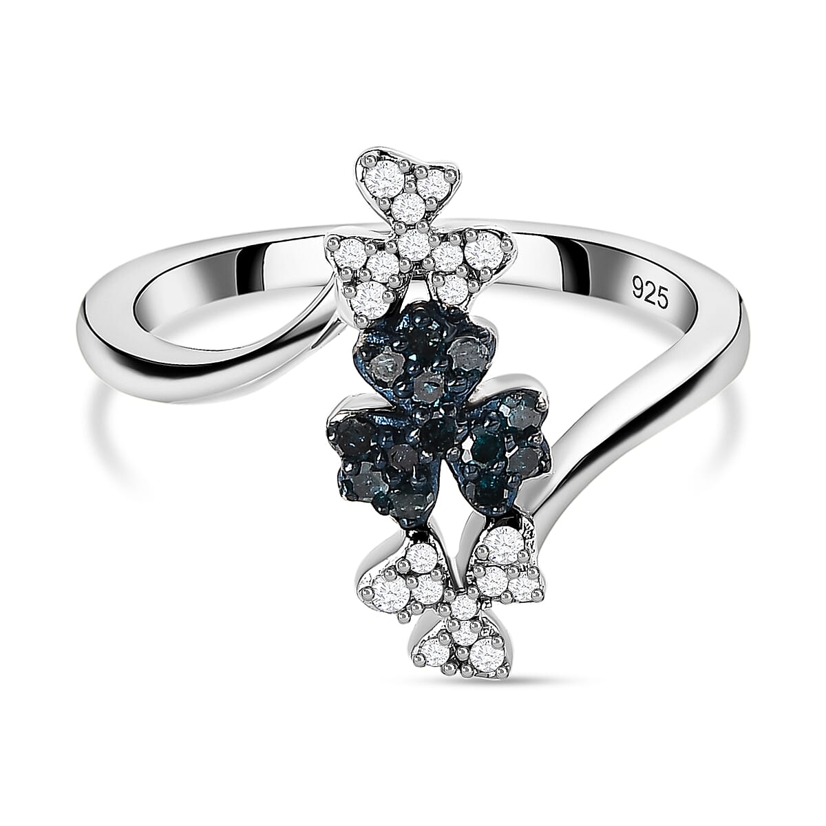 White Diamond and Blue Diamond Ring in Platinum Overlay Sterling Silver 0.21 Ct
