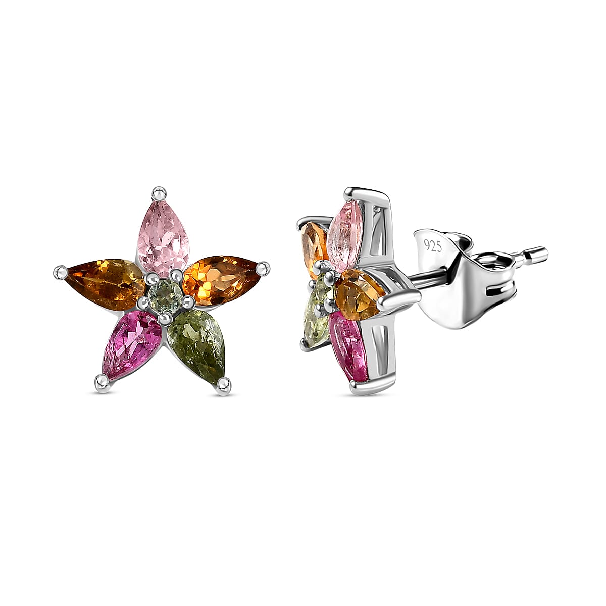 Multi-Tourmaline Floral Earrings in Platinum Overlay Sterling Silver 2.05 Ct.