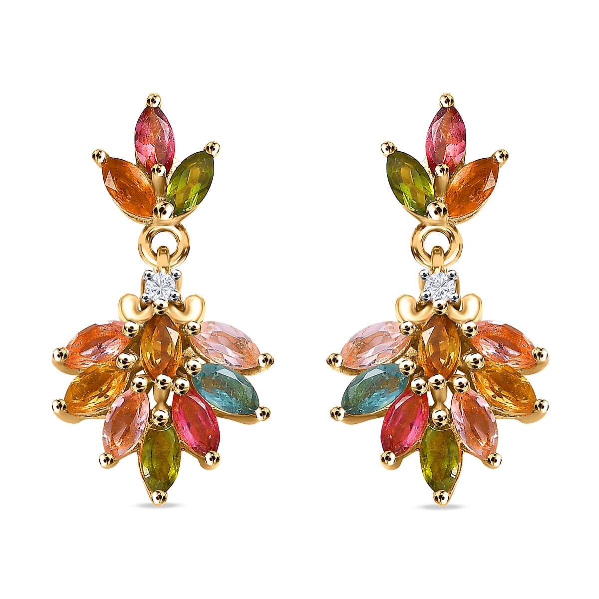 Multi-Tourmaline & Natural Zircon Earrings in 18K Yellow Gold Vermeil Plated Sterling Silver 1.90 Ct.