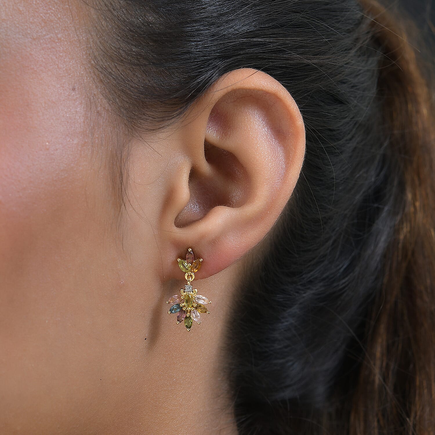 Multi-Tourmaline & Natural Zircon Earrings in 18K Yellow Gold Vermeil Plated Sterling Silver 1.90 Ct.